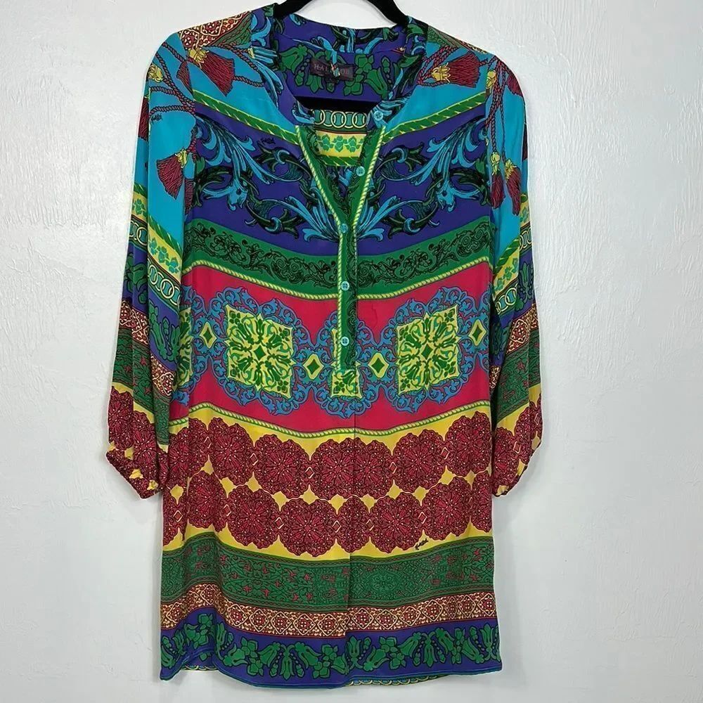 Hale Bob Silk Colorful Relaxed Fit 3/4 Sleeve Tunic Top Size L